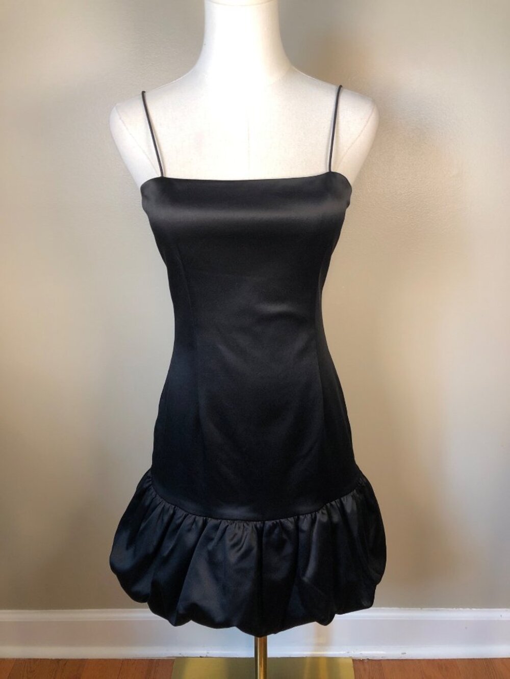 AQUA Black Satin Bubble Hem Mini Dress Sz Small Spaghetti Strap Flirty Coquette